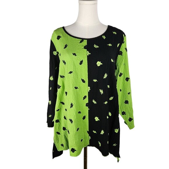 Ali Miles Tunic Top Large Green Floral Embroidered Long Sleeve Colorblock - Picture 3 of 11